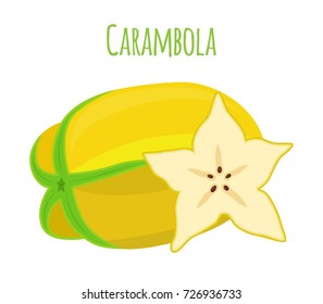 Carambola, star fruit, yellow vegetarian nutrition. Made in cartoon flat style. Vector illustration