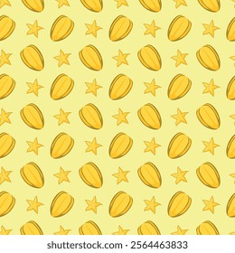 Carambola starfruit flat seamless pattern on yellow background. Wrapping paper, gift card, poster, banner design. Home decor, modern textile print. Summer bright geometric fruits patterned.