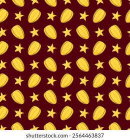 Carambola starfruit flat seamless pattern on brown background. Wrapping paper, gift card, poster, banner design. Home decor, modern textile print. Summer bright geometric fruits patterned.