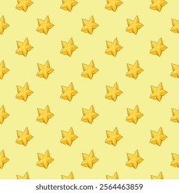 Carambola starfruit flat seamless pattern on yellow background. Wrapping paper, gift card, poster, banner design. Home decor, modern textile print. Summer bright geometric fruits patterned.