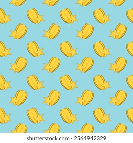 Carambola starfruit flat seamless pattern on blue background. Wrapping paper, gift card, poster, banner design. Home decor, modern textile print. Summer bright geometric fruits patterned.