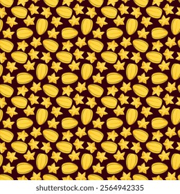 Carambola starfruit flat seamless pattern on brown background. Wrapping paper, gift card, poster, banner design. Home decor, modern textile print. Summer bright geometric fruits patterned.
