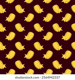 Carambola starfruit flat seamless pattern on brown background. Wrapping paper, gift card, poster, banner design. Home decor, modern textile print. Summer bright geometric fruits patterned.
