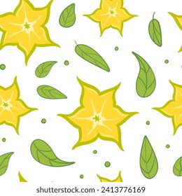 Carambola summer seamless pattern in minimalistic style. Tropical exotic fruits, leaves. Healthy food. For menu, cafe, wallpaper, fabric, wrapping