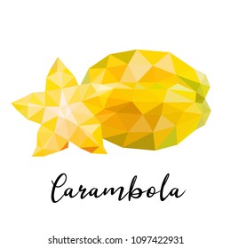 Carambola. Vector illustration of star fruit in polygonal style. Low-poly. Exotic fruit. The image can be used in the design of labels for cosmetics and food. Great for use in the bar menu