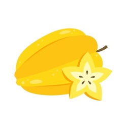 Carambola Whole Fruit And Slice For Package Design. Yellow Ripe Starfruit Icon Isolated On White Background. Organic Food, Healthy Nutrition, Vegetarian Product. Vector Illustration.