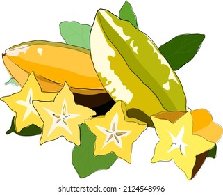 Carambola whole fruit and slice for package design. Yellow ripple star fruit icon isolated on white background. Organic food, healthy nutrition, vegetarian product. Vector illustration.