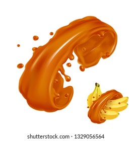 Caramel 3d splash. Broen leaking cream realistic illustration. Vector hyperrealism. Pouring sweet sauce drop isolated on white background