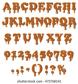 Caramel alphabet with numbers isolated on white background. English font in caramel texture set collection vector illustration