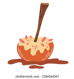 Caramel apple. Autumn and winter dessert. Candy apple coated by sweet caramel. Vector illustration flat icon isolated on white.