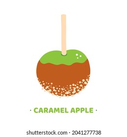 Caramel apple or candy apple on stick with nuts vector cartoon style icon, illustration.