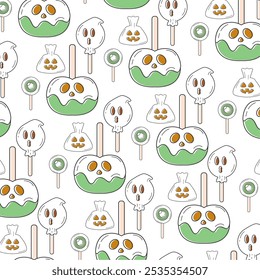 Caramel apple and ghost popsicle Halloween candy pattern Vector