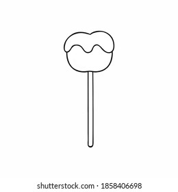 Caramel Apple in icing on a stick. Vector illustration with sweets. Black and white Doodle illustration for coloring.