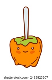 Caramel apple kawaii character. Delicious cute autumn healthy sweets.