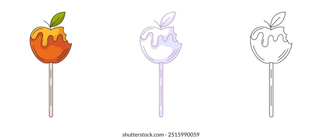 Caramel apple on a stick, colorful and line icon set. Traditional halloween sweets. Vector flat icon, monochrome purple, color, outline illustration. For logo, sticker, coloring book, label, print