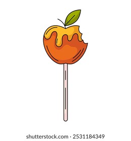 Maçã de caramelo em uma vara. Doces tradicionais para crianças de Halloween. Vetor simples elemento plano, ilustração de cor. Para logotipo, adesivo, impressão, web design, scrapbooking