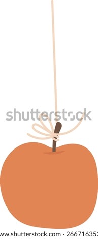 A caramel apple with a stick tied to a string in a flat cartoon style. The apple is depicted hanging, emphasizing its round shape and smooth texture. Cartoon vector illustration.