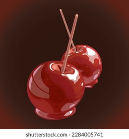 Caramel apple. Sugar-coated fruit with a stick inserted as a handle. Traditional European dishes. Bright vector illustration with food for the menu of restaurants, eateries.