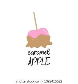 Caramel apple vector graphic illustration icon with writing. Red, pink apple fruit in sweet sugar caramel coating. Isolated.