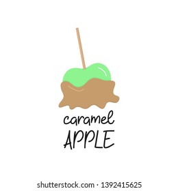 Caramel apple vector graphic illustration icon with writing. Green apple fruit in sweet sugar caramel coating. Isolated.
