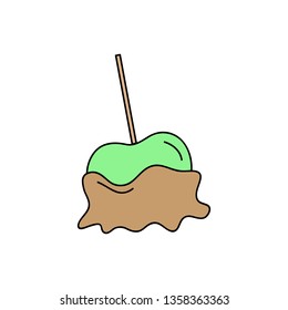 Caramel apple vector outlined illustration icon. Green apple fruit in sweet sugar caramel coating. 