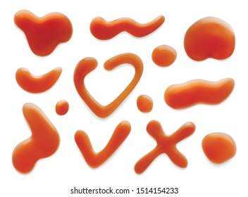 Caramel brown drops realistic vector illustrations set. Syrup splatters isolated cliparts on white. Sauce splashes, stains in different shapes collection. Melt candy, toffee decorative elements