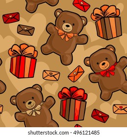 Caramel brown seamless background. Chocolate brown bears, present boxes, orange, red, cream bows, mail with heart. Sweet birthday or valentines day vector pattern texture.