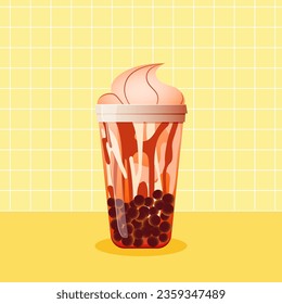 Caramel bubble tea on yellow  background. Vector illustration of boba tea with tapioca. Summer refreshing takeaway drink.