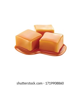 Caramel candies glazed with toffee sauce. Vector design isolated on white background. 3D realistic caramel slice vector design.