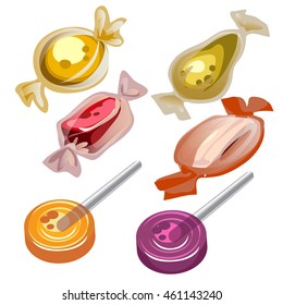 Caramel candies isolated on white background. Vector cartoon close-up illustration.