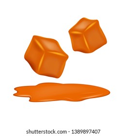 Caramel candies and melted caramel  isolated on white background