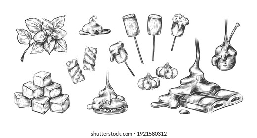 Caramel candies. Realistic hand drawn sweet desserts. Sugary cubes or pastry with melted topping, marshmallows on sticks and toffees. Isolated yummy confectionery set. Vector black engraved sketches