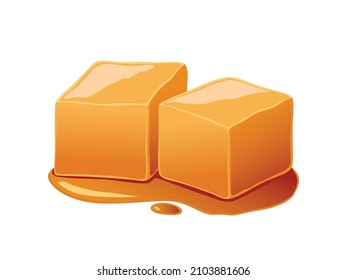 Caramel candies and caramel sauce isolated on white background.