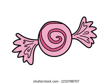 Caramel candy doodle vector illustration isolated on white. Cartoon style outline candy caramel in spiral wrapper. Treat-or-trick! Sweet sugar bonbon, cute hand drawn dessert.