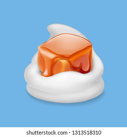 Caramel candy in milk yogurt or ice cream realistic