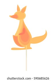 Caramel candy on a stick in the form of kangaroo. Children dessert snack.