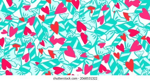 Caramel candy in paper wrapper, pink hearts on white seamless pattern. Minimalistic illustration in cartoon style for valentines day, textile, wrapping paper, wedding invitation card, wall art design