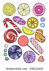 Caramel Candy set vector Illustration. Object isolated on white background. Doodle style. Cloth design,wallpaper, wrapping, menu, restaurant,cafe,kitchen,textile,paper, card, invitation,holiday. Eps10