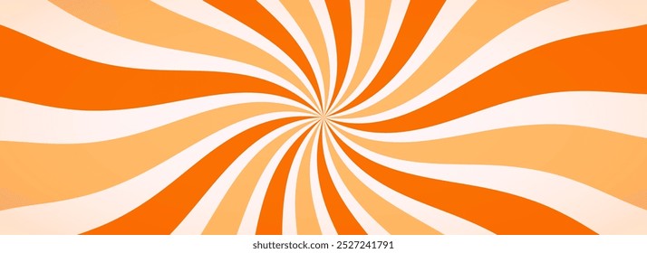 Caramel candy sunburst background. Salted caramel ice cream sunbeam pattern design. Orange nougat desert wallpaper for template, banner, poster, flyer. Nice rotating cartoon rays and beams. Vector