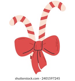 Caramel cane.  illustration of candy cane, Lollipop in flat style. Caramel cane with a beautiful bow. For xmas design, invitations new year holidays, merry Christmas, greeting