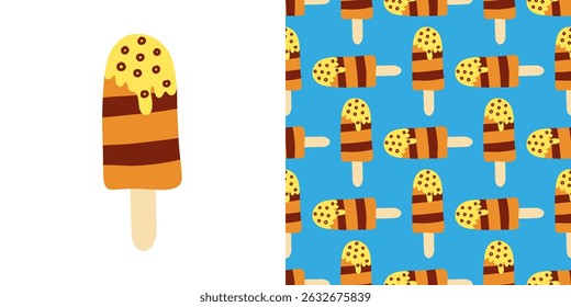 Caramel and chocolate striped popsicle illustration with sprinkles and seamless pattern - fun, playful summer treat design for textiles, wallpapers, and digital art projects.