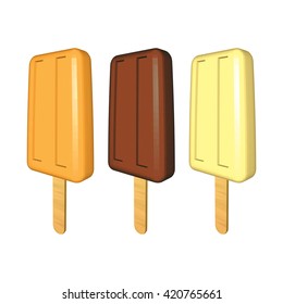 Caramel Chocolate and Vanilla Popsicles on White. Orange Brown and Yellow Ice Creams on Wooden Sticks. Low Poly Realistic Vector Illustration.