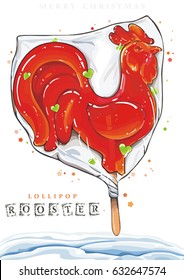 Caramel Cockerel Candy on a stick. Beautiful vector lollipop, eps8. Christmas sweets gift card. New year 2017. Rooster in shape of lollipop