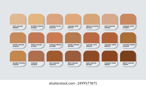 Caramel Color Palette, Caramel Color Guide Palette with Color Names. Catalog Samples of the Brown with RGB HEX codes and Names. Wood Color Palette Vector, Water-based Colors, and Fashion Trend colors