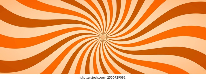 Fundo de explosão solar colorido de caramelo. Sorvete de caramelo salgado padrão de raios de sol. Papel de parede de sobremesa laranja nougat para modelo, banner, cartaz, folheto. Raios e vigas de desenhos animados rotativos. Vetor