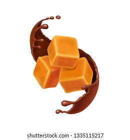 Caramel cubes in liquid chocolate spiral. Realistic vector