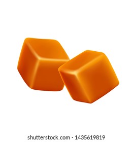 Caramel cubes toffee on a white background. 