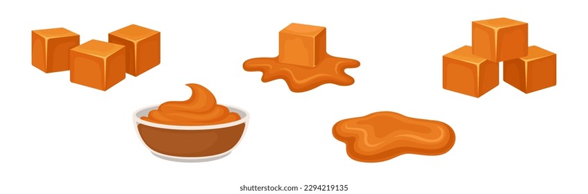 Caramel as Dark-orange Confectionery Product Made by Heating Sugar Vector Set