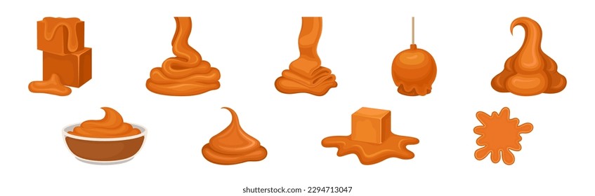 Caramel as Dark-orange Confectionery Product Made by Heating Sugar Vector Set