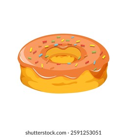 Caramel donut with orange glaze and colorful sprinkles, Flat vector illustration